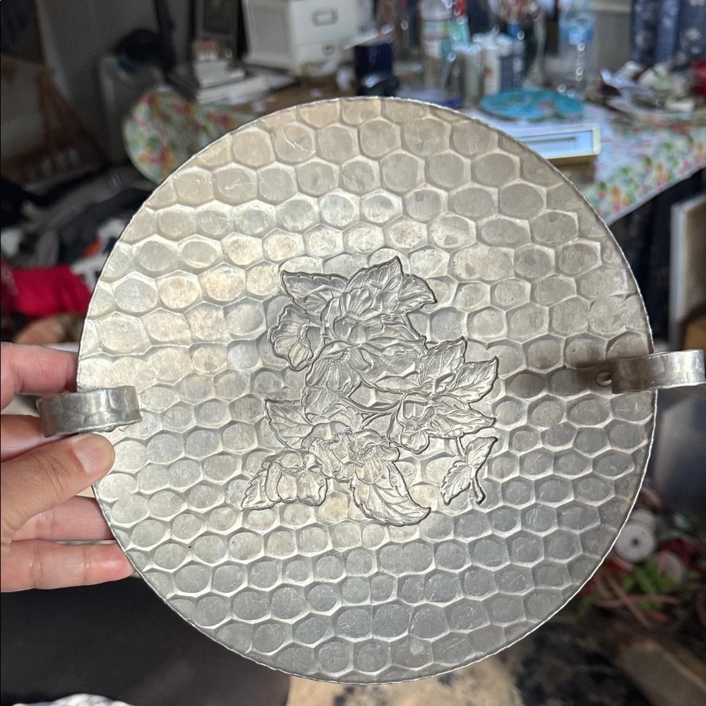 Vintage Etched Decorative Round Metal Tray with Floral Motif
